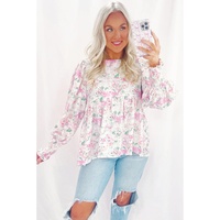 Pink Floral Print Shirred Balloon Sleeve Keyhole Back Babydoll Blouse - L thumbnail