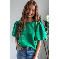 Sea Green Solid Textured O Neck Puff Sleeve Blouse - L thumbnail