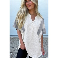 Light Grey Two Tone Contrast Waffle Knit Patched Buttoned V Neck Top - L thumbnail