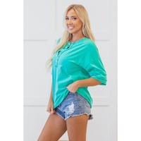 Mint Green Solid Color Half Sleeve Buttons Henley Top - L thumbnail