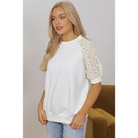 White Lace Crochet Short Sleeve Round Neck T Shirt - L thumbnail