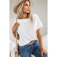 White Eyelet Pattern Boat Neck Casual Tee - S thumbnail