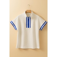 Beige Preppy Striped Trim Textured Quarter Zipper Colorblock Short Sleeve Top - L thumbnail