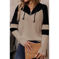 Parchment Textured Colorblock Long Sleeve Quarter Zip Drawstring Hooded Top - S thumbnail