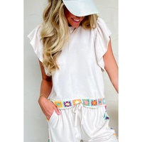 White Floral Crochet Patched Ruffled Sleeve Crewneck Blouse - L thumbnail
