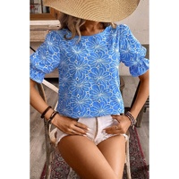 Sky Blue Eyelet Flower Embroidery Frilled Short Puff Sleeve Blouse - L thumbnail