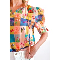 Multicolour Floral Checker Print Ruffled Short Puff Sleeve Blouse - L thumbnail