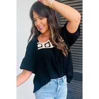 Black Flower Crochet Square Neck Textured Short Sleeve Blouse - M thumbnail