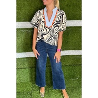 White Zebra Stripe Print Contrast V-Neck Ricrac Detail Short Sleeve Blouse Top - XL thumbnail