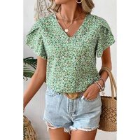 Green Boho Floral V Neck Wrap Short Sleeve Blouse - L thumbnail