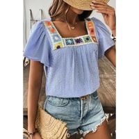 Sky Blue Stripe Textured Ruffle Short Sleeve Boho Detail Square Neck Blouse - L thumbnail