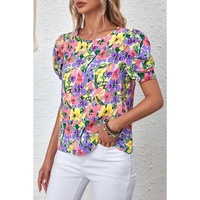 Purple Floral Print Puff Short Sleeve Crew Neck Blouse - L thumbnail