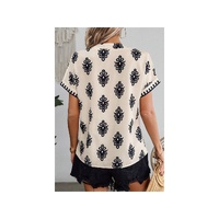 Black Geometric Print Short Sleeve V Neck Blouse - M thumbnail