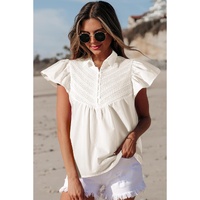 White Half Button Lace Patchwork Flutter Sleeve Blouse - M thumbnail