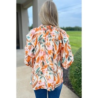 Yellow Abstract Print Drawstring Frilled V Neck 3/4 Sleeve Blouse - L thumbnail