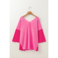 Sachet Pink Contrast Patchwork 3/4 Sleeve V Neck Loose Blouse - L thumbnail