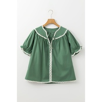 Mist Green Ric Rac Trim Tie Split Neck Short Sleeve Blouse - L thumbnail