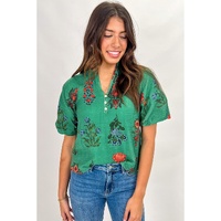 Bright Green Floral Print Buttoned V Neck Short Sleeve Blouse - L thumbnail