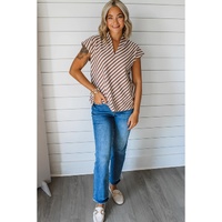 Chestnut Striped Stand V Neck Short Sleeve Blouse - L thumbnail