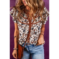 White Floral Frilly Blouse with Lace Up - M thumbnail