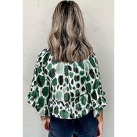 Green Metallic Threading Accents Pleated Abstract Printed Ruffled 3/4 Sleeve Blouse - S thumbnail