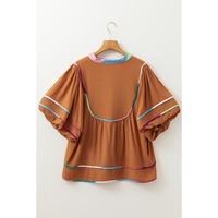 Azura Exchange Thai Curry Colorful Trim Wide Short Sleeve V Neck Blouse - S thumbnail
