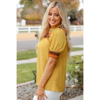 Mustard Geometric Short Puff Sleeve Frilled Collar Blouse - L thumbnail