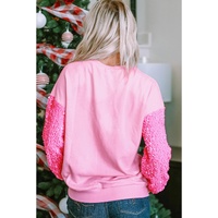 Pink Merry Christmas Graphic Sequin Sleeve Patchwork Top - L thumbnail