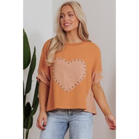 Desert Gold Stud Heart Patch Textured Front Dolman Top - S thumbnail