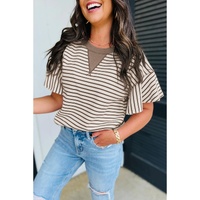 Parchment Contrast Detail Striped Ruffle Short Sleeve Top - L thumbnail