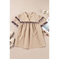 Smoke Gray Leopard Ruffles Trim Tiered Short Sleeve Blouse - L thumbnail