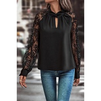 Black Keyhole Neckline Floral Lace Raglan Sleeve Blouse - M thumbnail