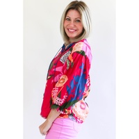 Rose Blooming Flower Print Ruffled Puff Sleeve Blouse - M thumbnail