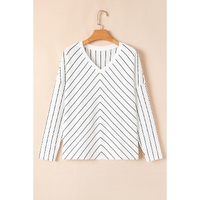 Black Stripe Chevron Striped V Neck Long Sleeve Casual Top - L thumbnail