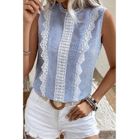 Sky Blue Stripe Lace Patchwork Crew Neck Tank Top - M thumbnail