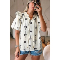Beige Bow Printed Ruffled Bubble Sleeve Tied Notched V Neck Blouse - L thumbnail
