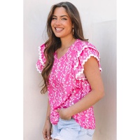 Pink Floral Print Ric-rac Tiered Ruffled V Neck Blouse - L thumbnail