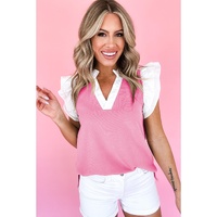 Pink Contrast V Neck Ruffled Textured Knit Top - XL thumbnail