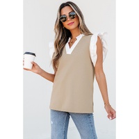 Pale Khaki Contrast V Neck Ruffled Textured Knit Top - L thumbnail