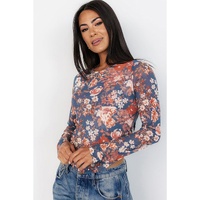 Orchid Petal Floral Print Mesh Fitted Long Sleeve Top - L thumbnail