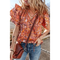 Orange Floral Print Ruffled Flutter Sleeve Frilled V Neck Blouse - L thumbnail