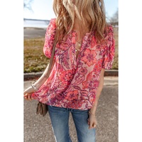 Red Floral Print Ruffled Puff Short Sleeve Blouse - L thumbnail