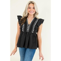 Black Contrast Ricrac Trim Ruffled V Neck Peplum Top - M thumbnail