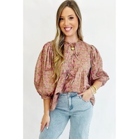 Light French Beige Floral Print Bow Pintuck Bust Half Puff Sleeve Blouse Top - L thumbnail