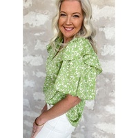 Light Green Floral Ruffle Puff Short Sleeve Frilled Collar V Neck Blouse - L thumbnail