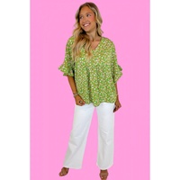 Green Floral Print Ruffle Sleeve V Neck Blouse Top - S thumbnail