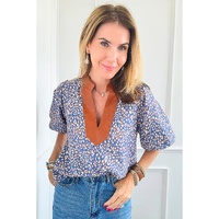 Ashleigh Blue Leopard Print Spot Contrast V Neck Half Puff Sleeve Shirt - L thumbnail