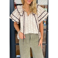 White Floral Ruffled Collar Short Puff Sleeve Printed Blouse - S thumbnail