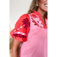 Pink Floral Embroidered Notch V Neck Puff Sleeve Babydoll Blouse - M thumbnail
