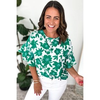 Green Floral Printed Ruffled Short Sleeve Round Neck Loose Blouse - L thumbnail
